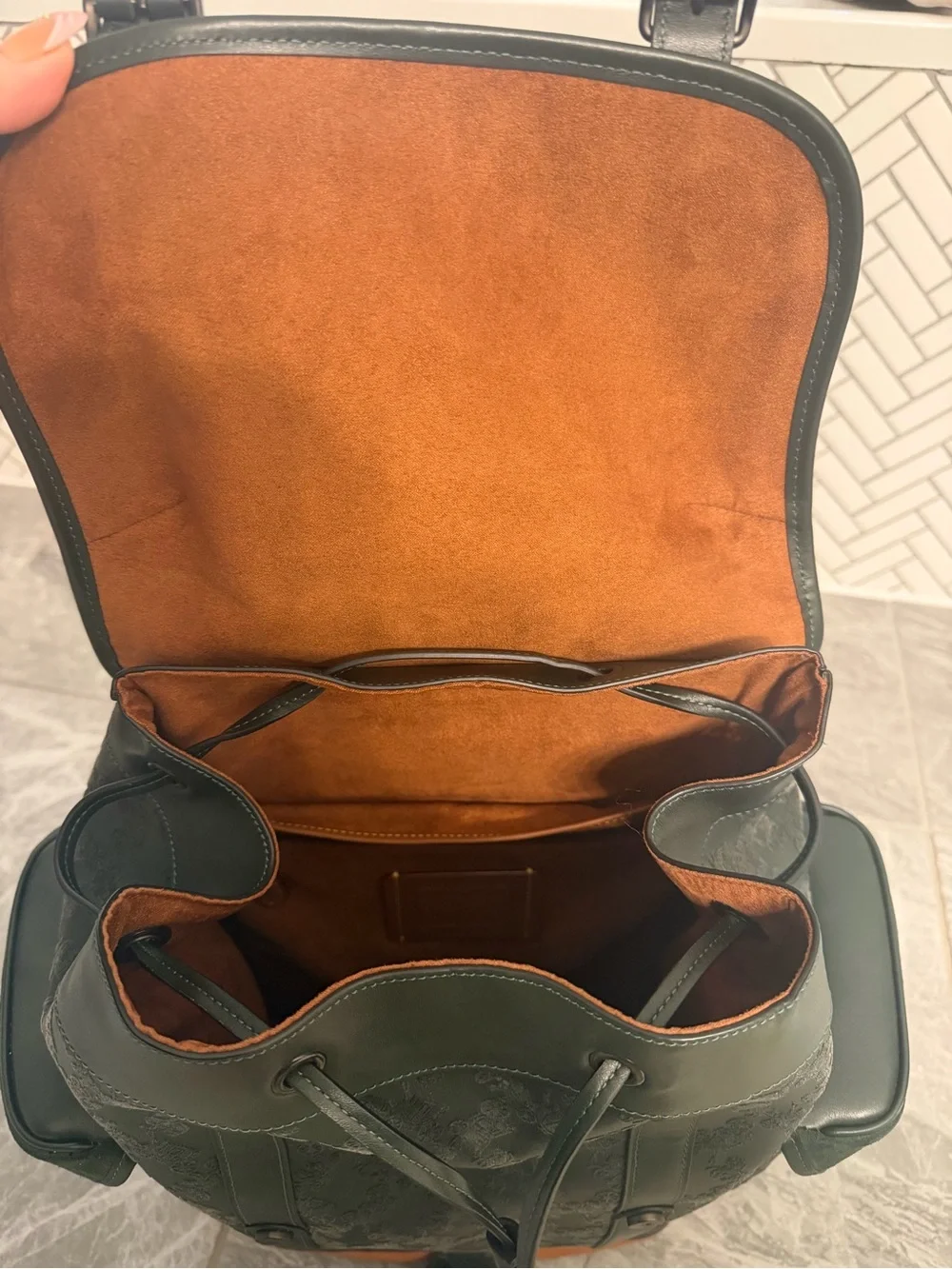 Coach Forest Green Signature Stagecoach Leather Backpack with Brown Suede Base